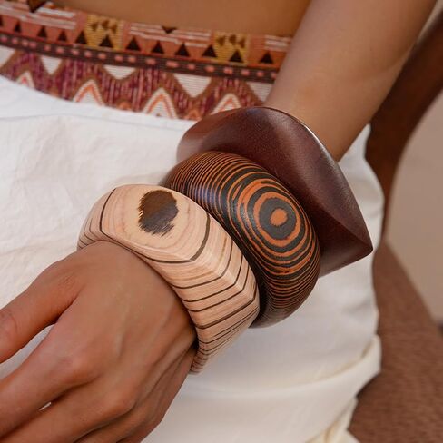 Handmade Chunk Wooden Bangle Bracelets for Women Retro Rivet Big Wide Cuff Stackable Bracelet Set Brown Wood Grain Geometry Statement Bracelet Bohemian Wooden Jewelry in Kuwait