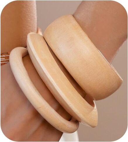 Handmade Chunk Wooden Bangle Bracelets for Women Retro Rivet Big Wide Cuff Stackable Bracelet Set Brown Wood Grain Geometry Statement Bracelet Bohemian Wooden Jewelry in Kuwait