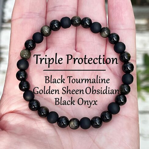 Black Onyx Tourmaline Bracelets for Women Men Triple Protection Obsidian Hematite Natural Crystal Elastic Adjustable Handmade Yoga Beads Bracelet Lucky Feng Shui Jewelry Spiritual Gift in Saudi Arabia