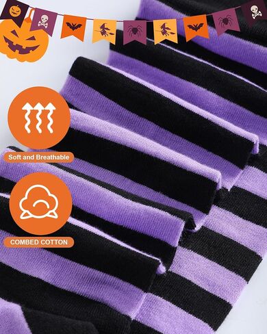 Eurzom 3 Pairs Men’s Halloween Striped Knee High Socks Black Orange Purple Stripes Cotton Calf Socks for Costume Party Role Cosplay Daily Wear in Saudi Arabia