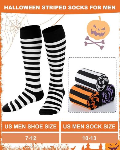 Eurzom 3 Pairs Men’s Halloween Striped Knee High Socks Black Orange Purple Stripes Cotton Calf Socks for Costume Party Role Cosplay Daily Wear in Saudi Arabia