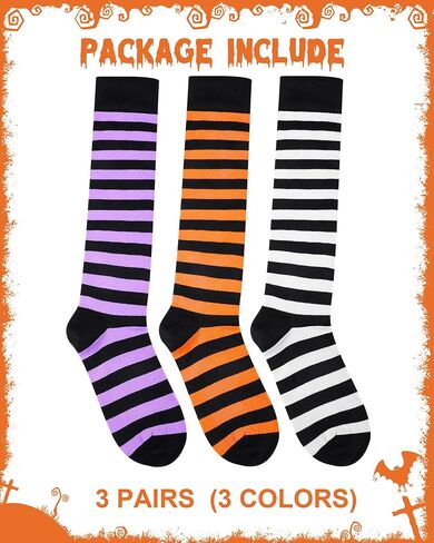 Eurzom 3 Pairs Men’s Halloween Striped Knee High Socks Black Orange Purple Stripes Cotton Calf Socks for Costume Party Role Cosplay Daily Wear in Saudi Arabia