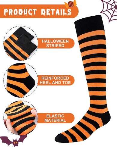 Eurzom 3 Pairs Men’s Halloween Striped Knee High Socks Black Orange Purple Stripes Cotton Calf Socks for Costume Party Role Cosplay Daily Wear in Saudi Arabia