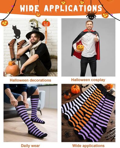 Eurzom 3 Pairs Men’s Halloween Striped Knee High Socks Black Orange Purple Stripes Cotton Calf Socks for Costume Party Role Cosplay Daily Wear in Saudi Arabia