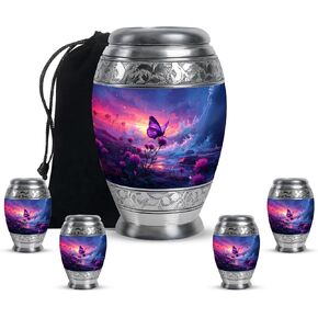 Butterfly Funeral Urn for Human Ashes - Large Decorative Purple Urns for Husband and Wife - Sunset Mini Urns for Burial - Memorial Flower Urn for Adult Male (Set of 5-10" & 3") in Kuwait