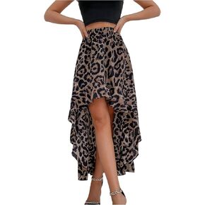 تنورة Verdusa للسيدات ذات طباعة الفهد مكشكشة عالية ومنخفضة تنورة صيفية واسعة للعطلات in Kuwait
