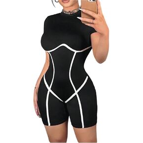 OYOANGLE Women's Contrast Piping Unitard Bodysuit Crew Neck Short Sleeve Rompers Shapewear in Saudi Arabia