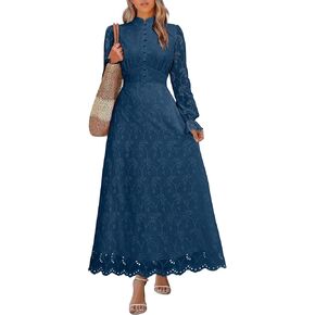 ANRABESS Wedding Guest Dresses for Women 2025 Fall Formal Long Sleeve Eyelet High Neck Elegant Classic Maxi Dress Pockets in Kuwait