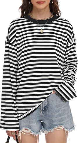 IWD Womens Striped Long Sleeve Shirts Y2k Oversized Drop Shoulder Sweatshirt Crewneck Color Block Pullover Tops in Saudi Arabia