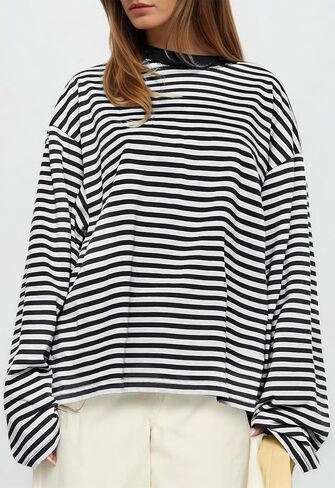 IWD Womens Striped Long Sleeve Shirts Y2k Oversized Drop Shoulder Sweatshirt Crewneck Color Block Pullover Tops in Saudi Arabia