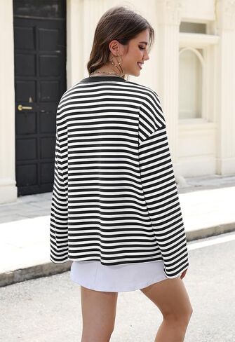 IWD Womens Striped Long Sleeve Shirts Y2k Oversized Drop Shoulder Sweatshirt Crewneck Color Block Pullover Tops in Saudi Arabia
