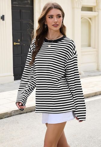 IWD Womens Striped Long Sleeve Shirts Y2k Oversized Drop Shoulder Sweatshirt Crewneck Color Block Pullover Tops in Saudi Arabia