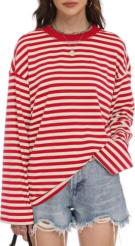 IWD Womens Striped Long Sleeve Shirts Y2k Oversized Drop Shoulder Sweatshirt Crewneck Color Block Pullover Tops in Saudi Arabia