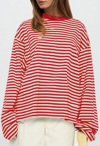 IWD Womens Striped Long Sleeve Shirts Y2k Oversized Drop Shoulder Sweatshirt Crewneck Color Block Pullover Tops in Saudi Arabia