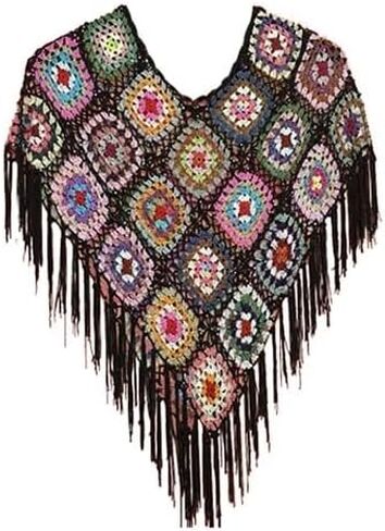 Handmade Crochet Poncho Shawl, Colorful Granny Square Pattern with Fringe, Boho Style,Crochet triangle scarf, in Saudi Arabia