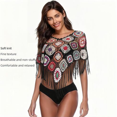 Handmade Crochet Poncho Shawl, Colorful Granny Square Pattern with Fringe, Boho Style,Crochet triangle scarf, in Saudi Arabia