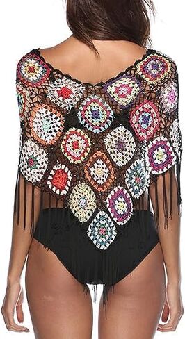 Handmade Crochet Poncho Shawl, Colorful Granny Square Pattern with Fringe, Boho Style,Crochet triangle scarf, in Saudi Arabia
