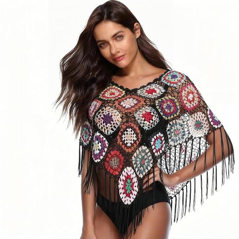 Handmade Crochet Poncho Shawl, Colorful Granny Square Pattern with Fringe, Boho Style,Crochet triangle scarf, in Saudi Arabia