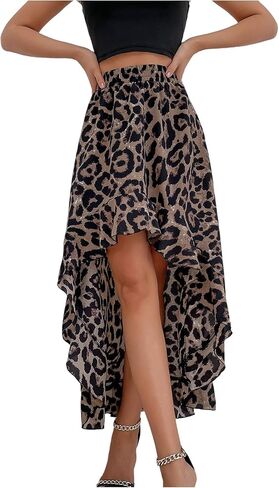 تنورة Verdusa للسيدات ذات طباعة الفهد مكشكشة عالية ومنخفضة تنورة صيفية واسعة للعطلات in Kuwait