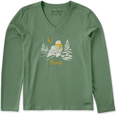 Life is Good. Women's Peace Owls Long Sleeve Crusher Vee, Granite Green in Saudi Arabia