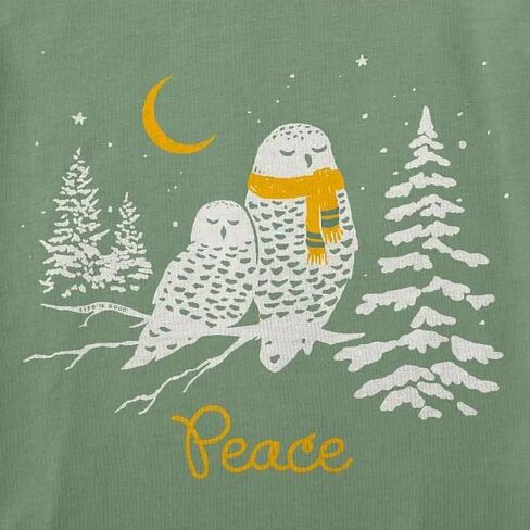 Life is Good. Women's Peace Owls Long Sleeve Crusher Vee, Granite Green in Saudi Arabia