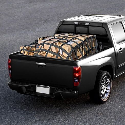 شبكة شحن بنجي مسطحة لسرير شاحنة الالتقاط مقاس 4 × 4 بوصات تمتد إلى 9.5 × 9.5 بوصة، عرض شبكي 25 مم، 12 خطافًا للخدمة الشاقة، 4 حلقات تقوية، متوافقة مع تويوتا وفورد وتشيفي ودودج رام in Saudi Arabia