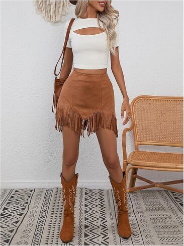 تنورة قصيرة للسيدات من MakeMeChic بحاشية مهدبة وخصر عالٍ لراعية البقر الصيفية بوهو in Kuwait