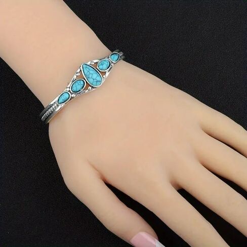 Stainless Steel Turquoise Bracelet - Elegant French Light Luxury, Adjustable Synthetic Stone Bangle for Women, Ideal Gift for Parties, Holidays, and Everyday Wear in Saudi Arabia