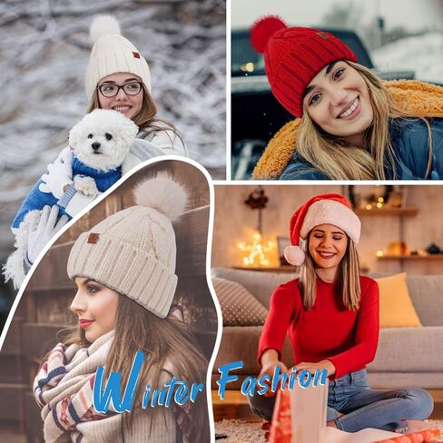 FZ FANTASTIC ZONE Womens Pom Pom Winter Hat Warm Cable Knit Beanie Hats for Women Skull Cap with Thick Fleece Lined Gifts in Saudi Arabia