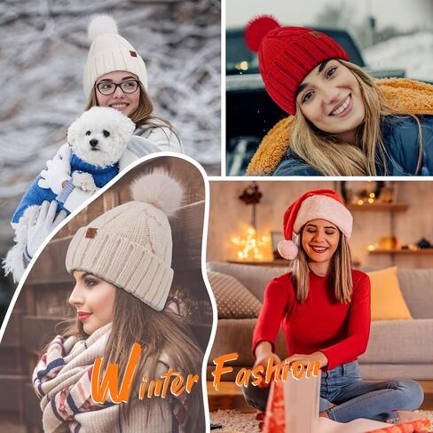 FZ FANTASTIC ZONE Womens Pom Pom Winter Hat Warm Cable Knit Beanie Hats for Women Skull Cap with Thick Fleece Lined Gifts in Saudi Arabia
