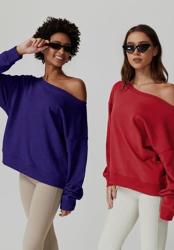 QINSEN Womens Oversized Sweatshirt Long Sleeve Off The Shoulder Pullover Casual Comfy Hoodie Fashion Outfits in Kuwait