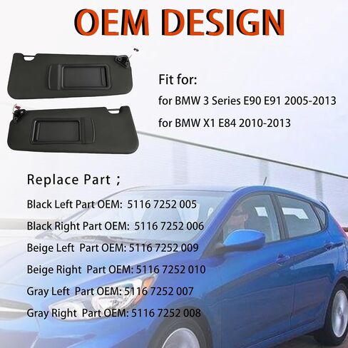 واقي الشمس للسائق الأيسر والراكب الأيمن متوافق مع BMW 3 Series E90 Sedan E91 Touring 2005-2011/ X1 E84، مع مرآة حاجب الشمس - أسود in Kuwait