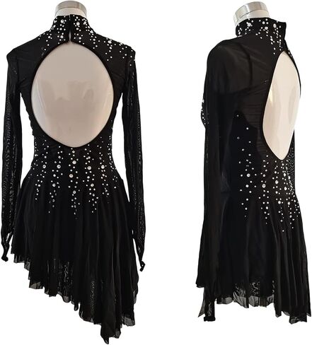 LIUHUO Figure Skating Dress Black Turtleneck Big Open Back Mesh Group Girls Competition Performance in Saudi Arabia