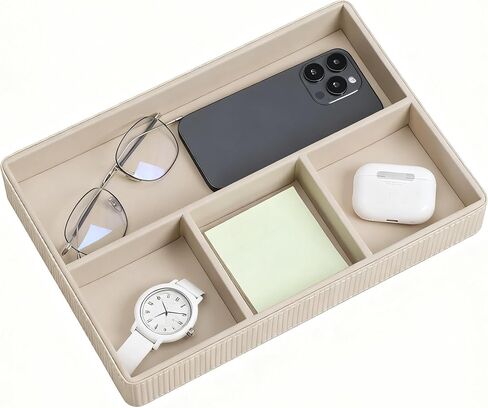 PU Leather Valet Tray, Decorative Trinket Vanity Desk Drawer Organizer Tray, Perfume Dish Catch All Bowl for Keys, Nightstand Drawer Organizer Women Men with 4 Compartments (Beige) in Saudi Arabia