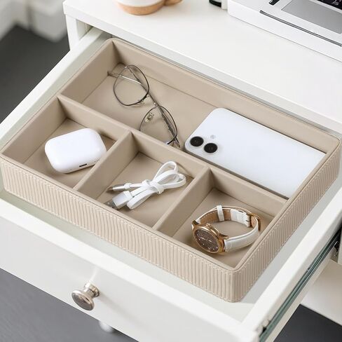 PU Leather Valet Tray, Decorative Trinket Vanity Desk Drawer Organizer Tray, Perfume Dish Catch All Bowl for Keys, Nightstand Drawer Organizer Women Men with 4 Compartments (Beige) in Saudi Arabia