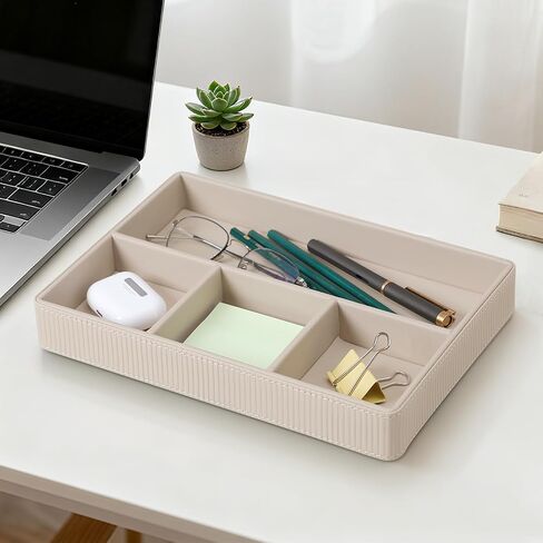 PU Leather Valet Tray, Decorative Trinket Vanity Desk Drawer Organizer Tray, Perfume Dish Catch All Bowl for Keys, Nightstand Drawer Organizer Women Men with 4 Compartments (Beige) in Saudi Arabia