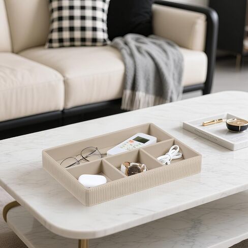 PU Leather Valet Tray, Decorative Trinket Vanity Desk Drawer Organizer Tray, Perfume Dish Catch All Bowl for Keys, Nightstand Drawer Organizer Women Men with 4 Compartments (Beige) in Saudi Arabia
