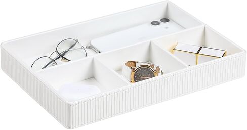 PU Leather Valet Tray, Decorative Trinket Vanity Desk Drawer Organizer Tray, Perfume Dish Catch All Bowl for Keys, Nightstand Drawer Organizer Women Men with 4 Compartments (Beige) in Saudi Arabia