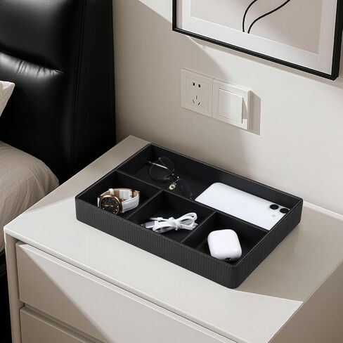 PU Leather Valet Tray, Decorative Trinket Vanity Desk Drawer Organizer Tray, Perfume Dish Catch All Bowl for Keys, Nightstand Drawer Organizer Women Men with 4 Compartments (Beige) in Saudi Arabia