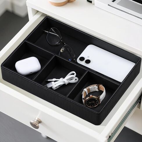 PU Leather Valet Tray, Decorative Trinket Vanity Desk Drawer Organizer Tray, Perfume Dish Catch All Bowl for Keys, Nightstand Drawer Organizer Women Men with 4 Compartments (Beige) in Saudi Arabia