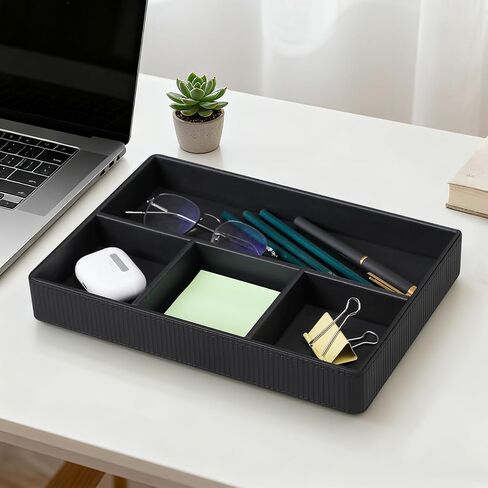 PU Leather Valet Tray, Decorative Trinket Vanity Desk Drawer Organizer Tray, Perfume Dish Catch All Bowl for Keys, Nightstand Drawer Organizer Women Men with 4 Compartments (Beige) in Saudi Arabia