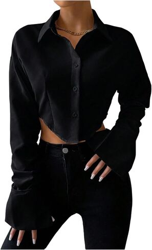 GORGLITTER Women's Cropped Button Down Shirts Long Sleeve Collared Crop Tops Office Work Business Outfits in Saudi Arabia