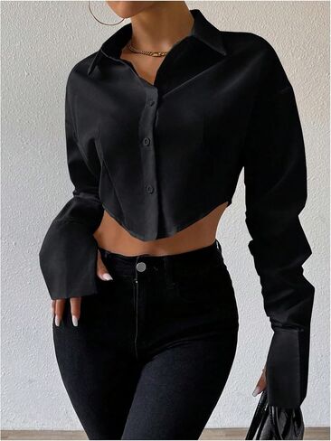 GORGLITTER Women's Cropped Button Down Shirts Long Sleeve Collared Crop Tops Office Work Business Outfits in Saudi Arabia