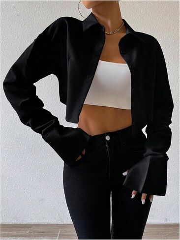 GORGLITTER Women's Cropped Button Down Shirts Long Sleeve Collared Crop Tops Office Work Business Outfits in Saudi Arabia