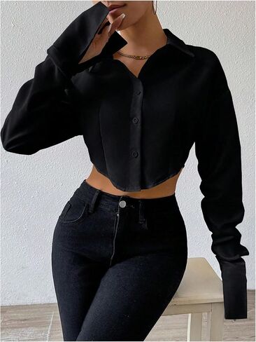 GORGLITTER Women's Cropped Button Down Shirts Long Sleeve Collared Crop Tops Office Work Business Outfits in Saudi Arabia