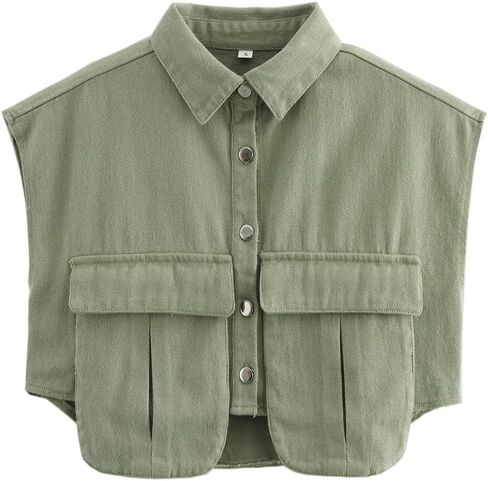 Hotmiss Womens Cropped Button Down Shirt Summer Collared Sleeveless Loose Denim Top with Pockets in Saudi Arabia