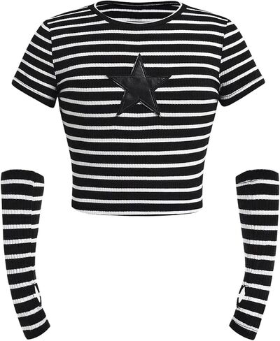 SOLY HUX Girl's Striped T Shirt Star Graphic Tees Short Sleeve Slim Fitted Y2k Summer Crop Tops with Arm Sleeves in Saudi Arabia