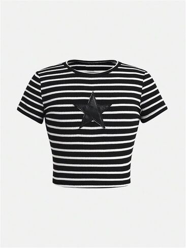 SOLY HUX Girl's Striped T Shirt Star Graphic Tees Short Sleeve Slim Fitted Y2k Summer Crop Tops with Arm Sleeves in Saudi Arabia