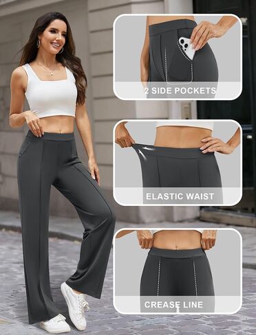 Womens Dress Work Pants Business Casual Slacks Stretchy Wide Leg Trousers with Pockets High Waist Pull On in Saudi Arabia