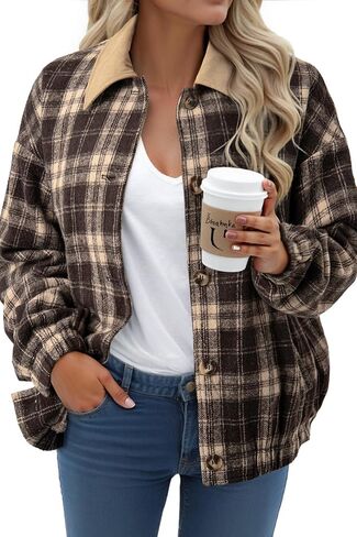 Dokotoo Womens Flannel Plaid Shacket Jackets Corduroy Collar Long Sleeve Button Down Fleece Jackets Warm Coat in Saudi Arabia